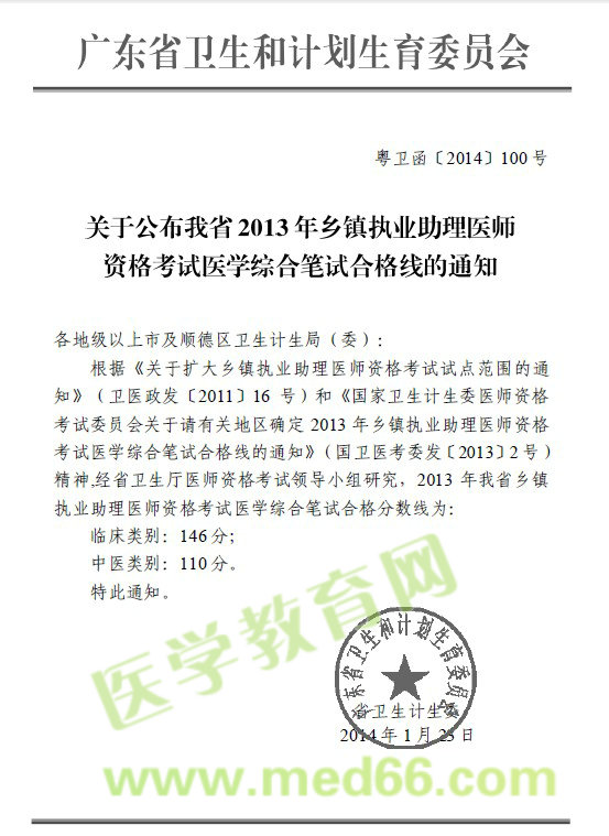 广东省乡镇执业助理医师分数线